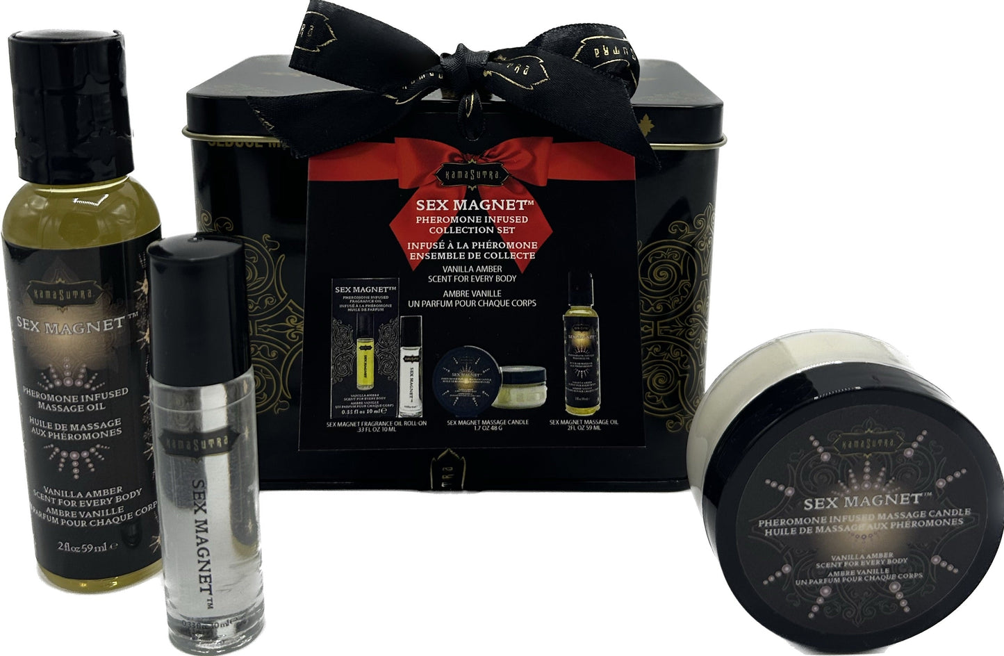 Sex Magnet Pheromone Vanilla Amber Gift Set Includes: Roll On Fragrance, Massage Oil, Massage Candle